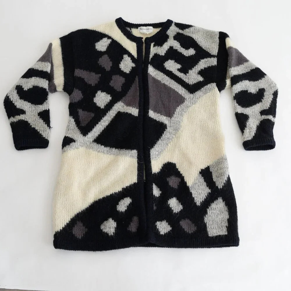 Vintage Franco Valeri Cream Black Knit 50% Wool  Open Front Cardigan Sweater L